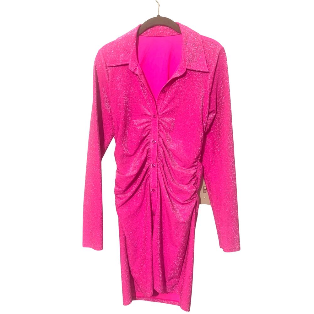 Good American Hot Pink Metallic Sparkle Ruched Stretch Mini Dress‎  sz 2/Med - Picture 2 of 9